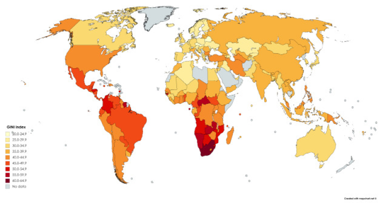 Income Inequality around the world based on the Gini Coefficient